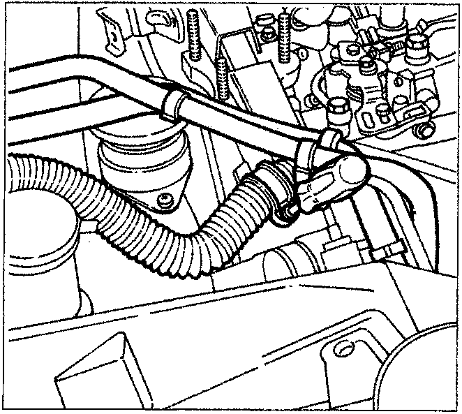 Diagram showing wiring loom and fluid lines being moved away from the power steering fluid reservoir.