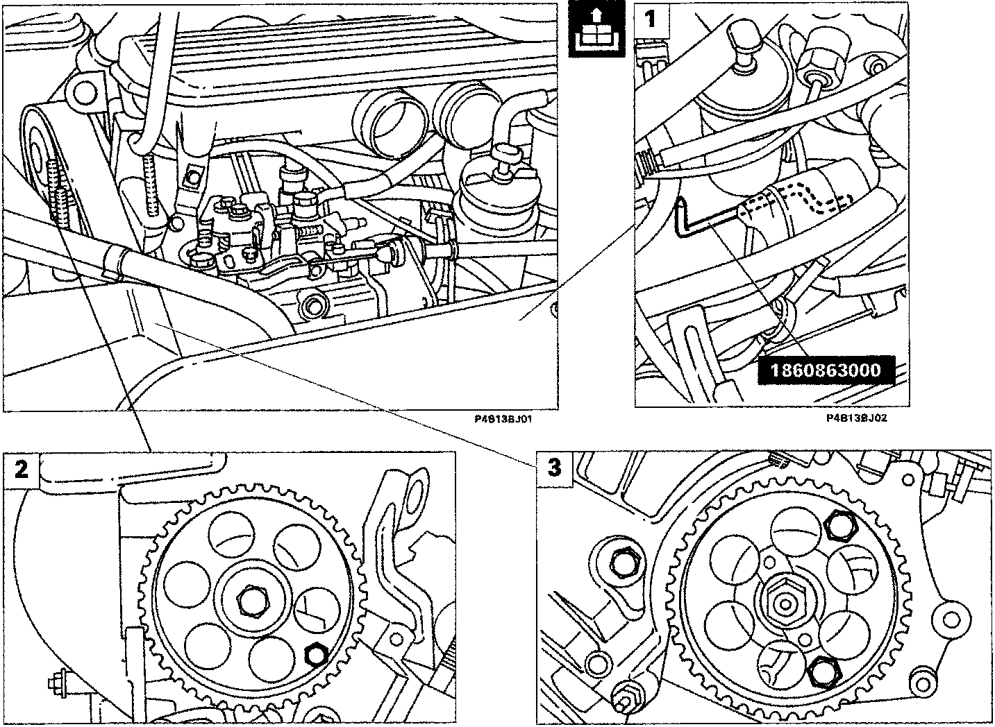 Diagram showing engine components with reference tool 1860863000 fitted to flywheel, and close-ups of timing pulley and injection pump pulley alignment marks.
