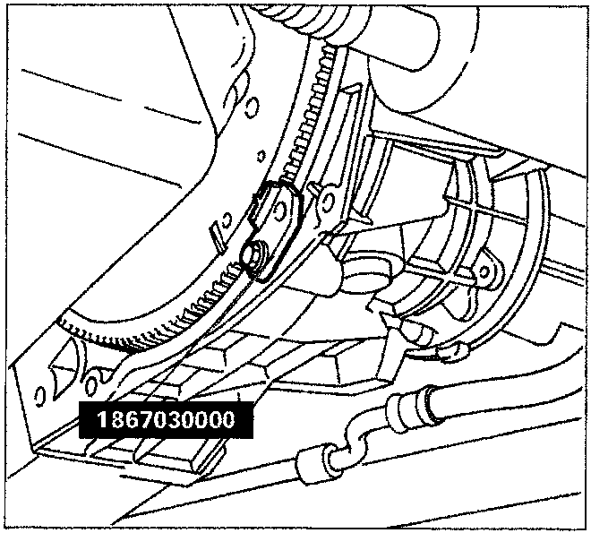 Diagram showing the positioning of flywheel retaining tool 1867030000 using an M6x1 screw on the engine assembly.