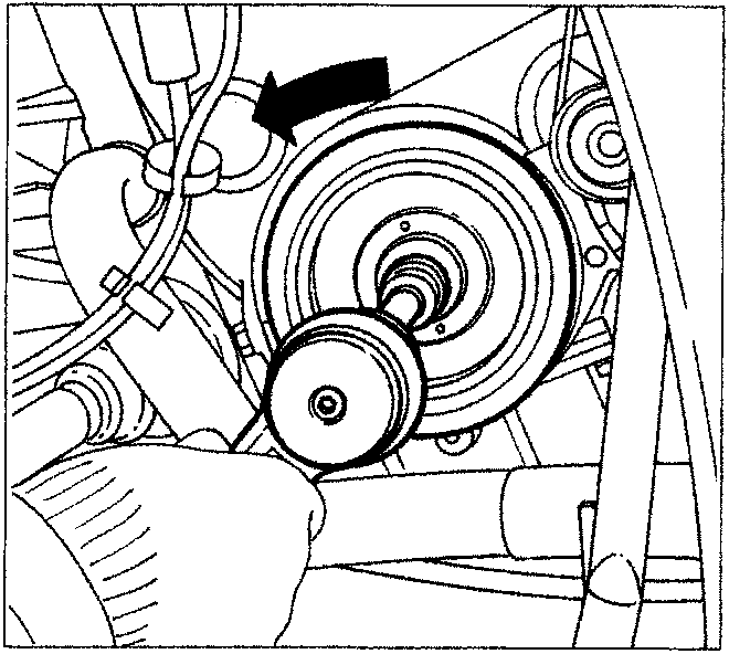 Diagram showing a hand unscrewing the bolt retaining the Poly-V belt and removing the pulley from the engine.
