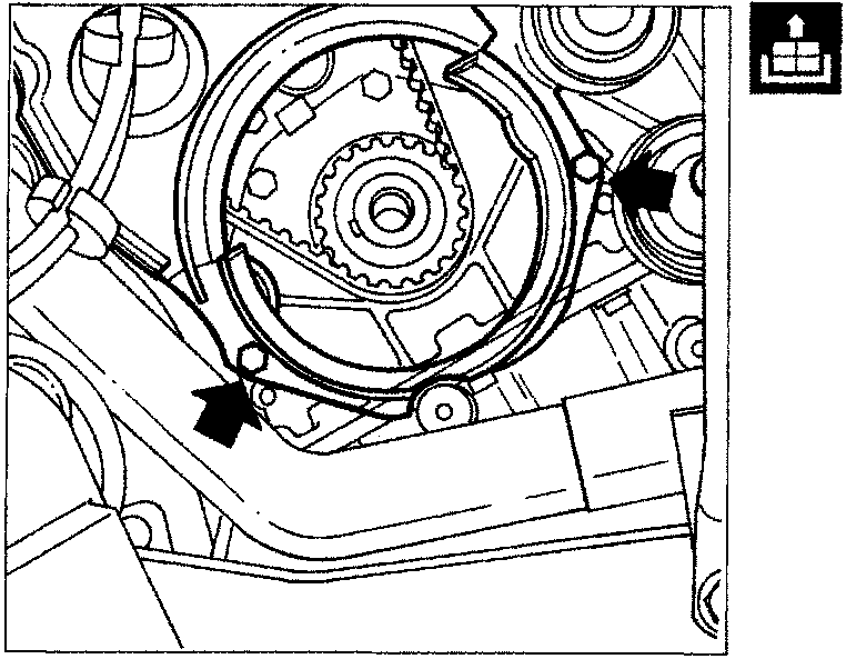 Diagram showing the location of two bolts (indicated by arrows) retaining the lower guard on the engine.