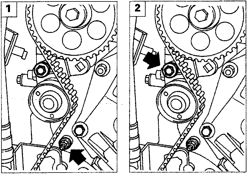 Diagram showing timing belt components with callout numbers 1 and 2, and code P4B15BJ01 and P4B15BJ02