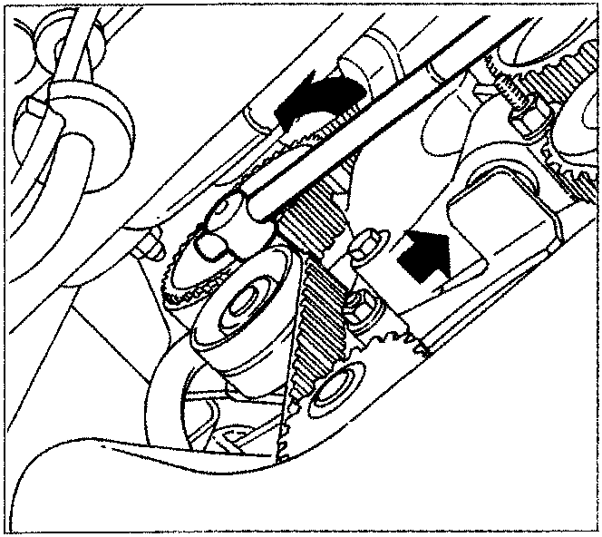 Diagram showing a wrench being used on the tensioner bracket to retract the rod, with arrows indicating direction, and code P4B15BJ03