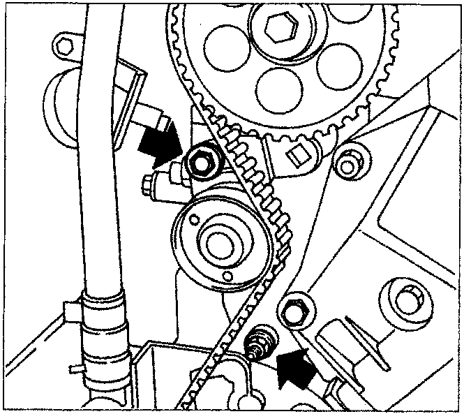 Diagram showing timing belt, crankshaft pulley, and tensioner mount bracket with arrowed retaining nut and bolt.