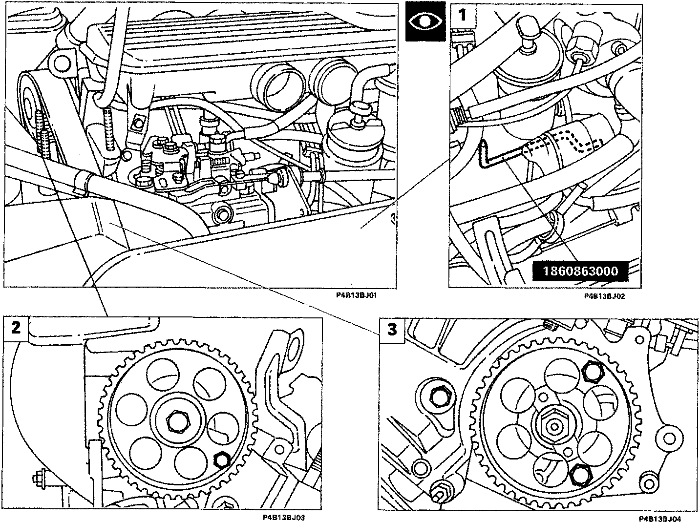 Engine bay view showing injection pump area (left), close-up of crankshaft reference tool 1860863000 in position (top right, key 1), camshaft timing gear with screw (bottom left, key 2), and injection pump pulley with bolts (bottom right, key 3).