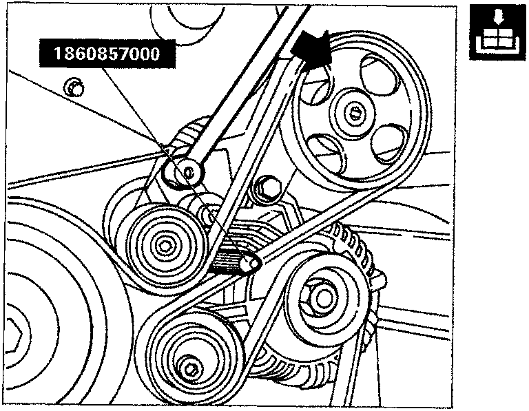 Diagram showing the engine belt tensioner area with tool 1860857000 positioned against the upper tensioner roller.