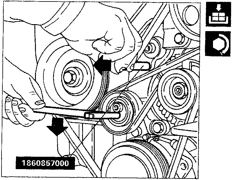 Diagram showing a square-ended wrench turning the lower tensioner roller while tool 1860857000 is inserted into the engine block.