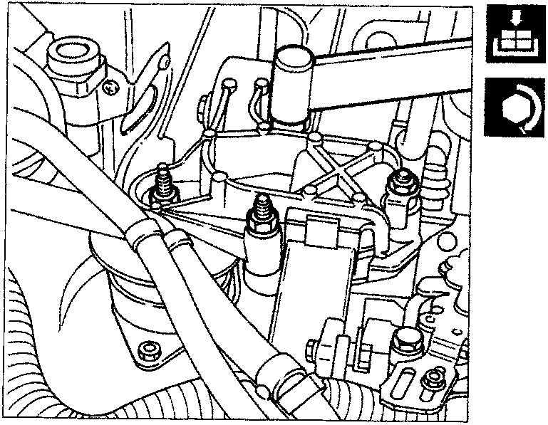 Diagram showing the timing end power unit mount bolts being tightened.