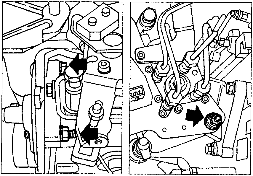 Diagram showing the front and rear retaining nuts and bolt of the injection pump, indicated by arrows.