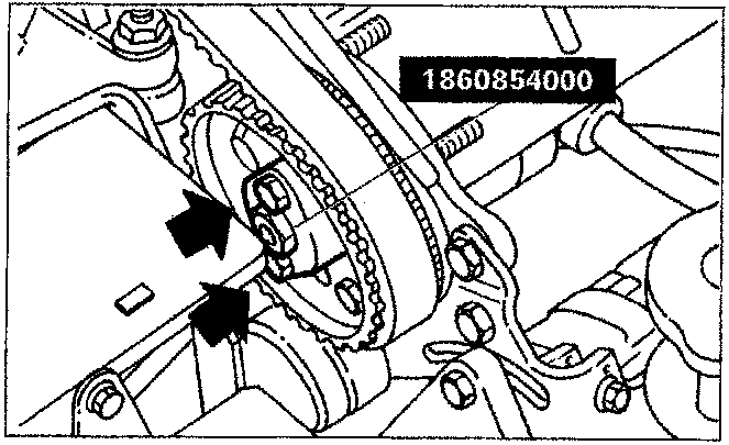 Diagram showing the extraction of the injection pump pulley using tool 1860854000 fitted with two M7 bolts into the relevant holes.