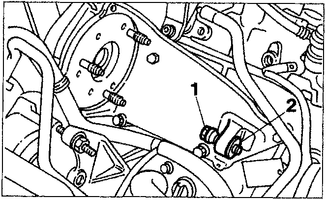 Diagram showing the refitted injection pump mount with bolt (1) and washer (2).