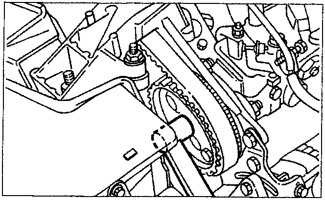 Diagram showing the tightening of the injection pump pulley retaining nut.