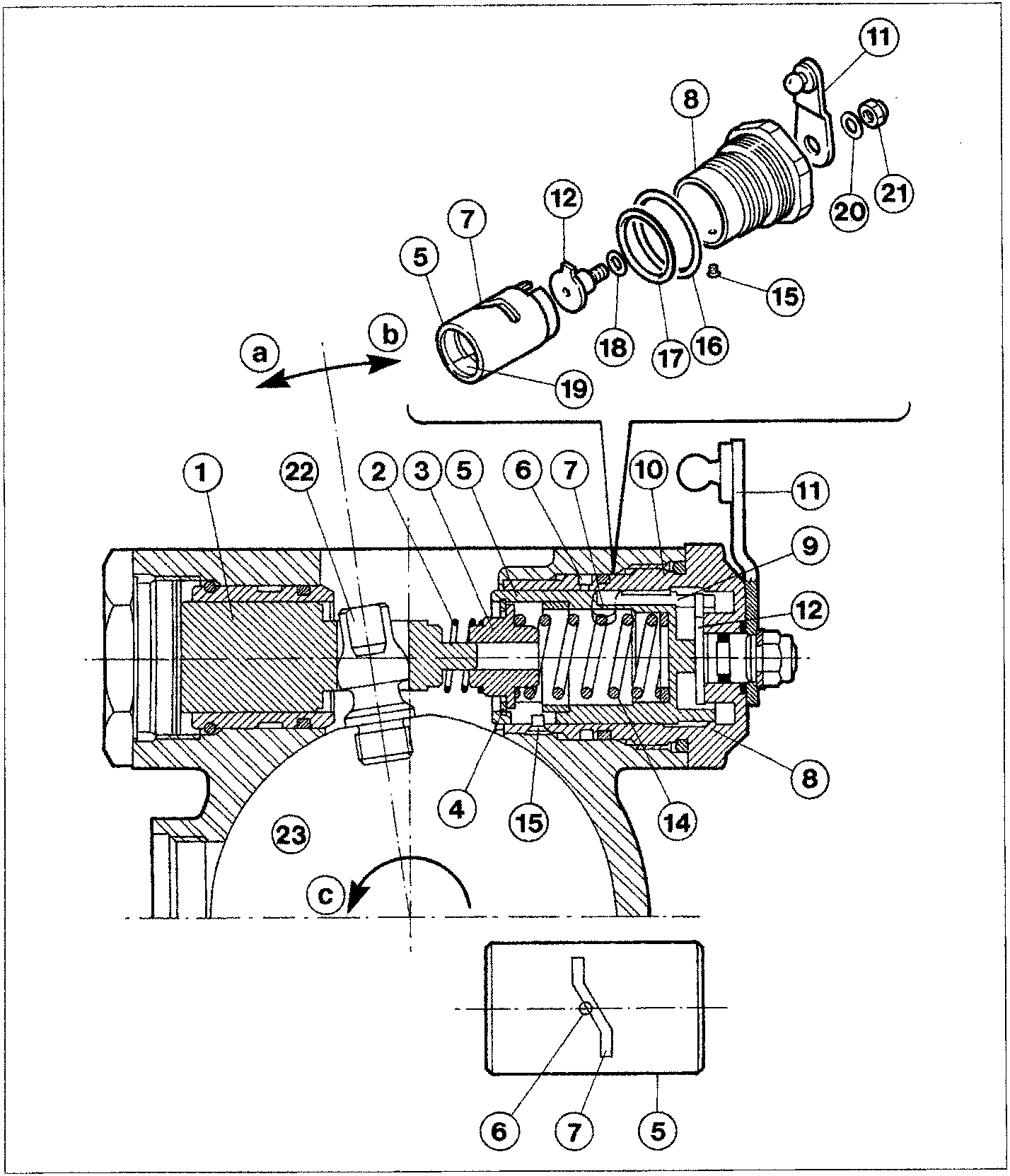 Exploded and cross-sectional technical diagram of the APC device showing internal components, springs, and rotational direction indicators a, b, c.