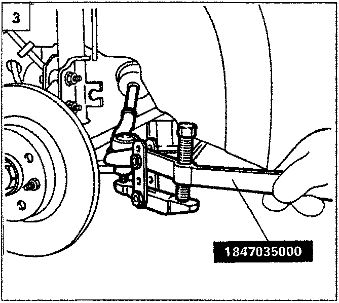 Illustrates hand using tool to adjust brake caliper bracket