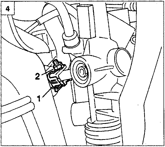 Illustrates brake caliper mounting hardware removal