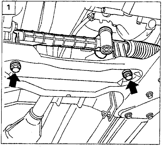 Diagram showing the underside of the vehicle with arrows pointing to two bolts fixing the steering box to the front crossmember.