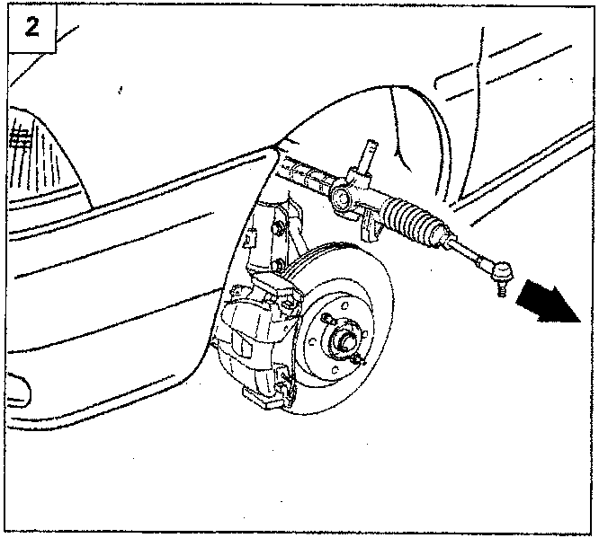 Diagram showing the steering box being extracted from the left side of the vehicle near the front wheel hub.