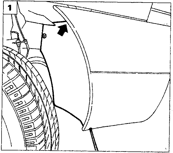 Diagram showing the front right wheel and wheelarch area with an arrow indicating a component location.