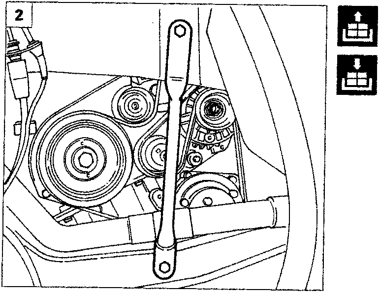 Diagram of the engine bay showing a link arm positioned across the belt and pulley assembly.