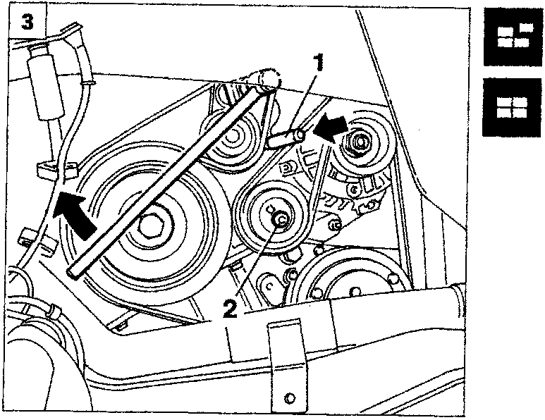 Diagram of the belt tensioner assembly showing a wrench applying force to the support (1) and a bolt (2) on the eccentric roller.