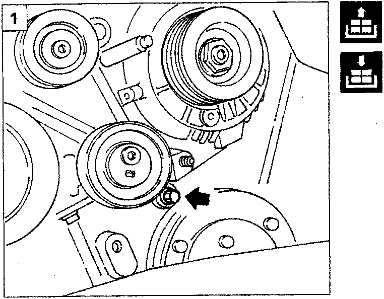 Diagram showing the alternator and mounting bracket with an arrow pointing to a bolt.