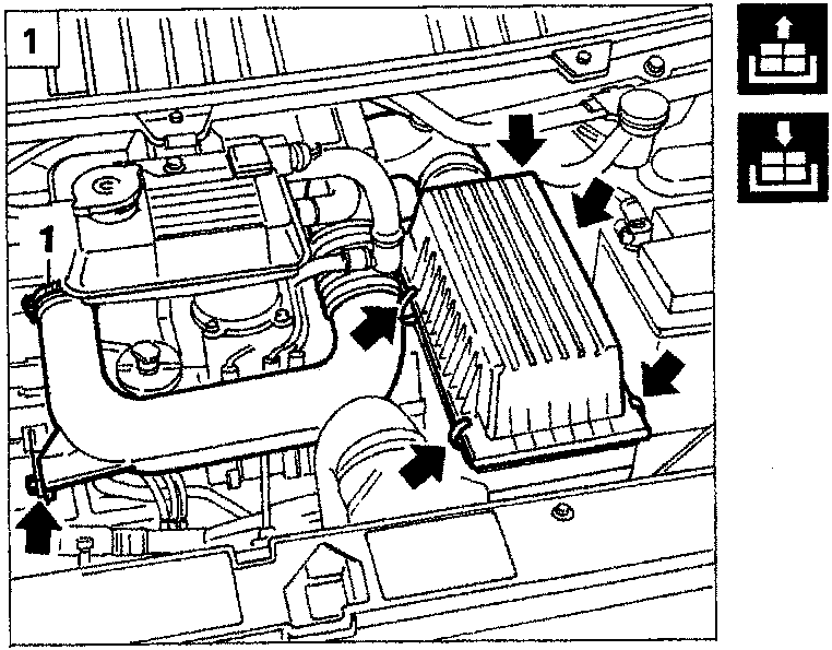 Engine bay showing air cleaner cover and duct with arrows indicating removal points and callout number 1.