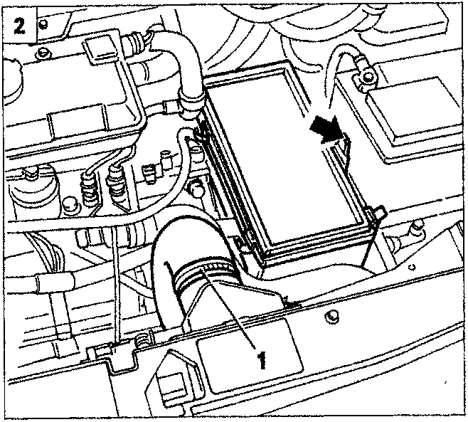 Engine bay showing air cleaner casing with arrows indicating retention points and callout number 1.
