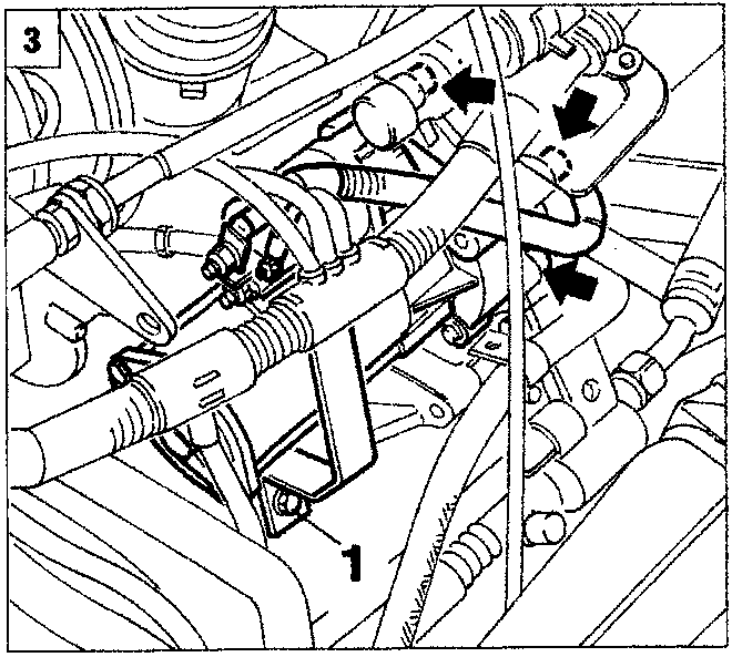 Starter motor area showing wiring loom bracket, supply cables, and mounting bolts with arrows indicating disconnection points and callout number 1.