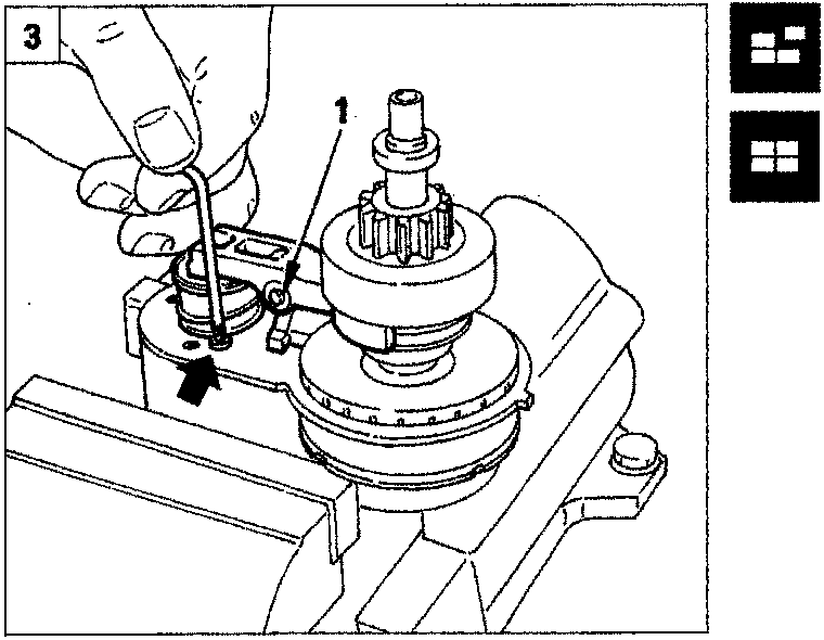 Figure 3 showing a pin being removed from the pinion engagement fork with callout 1