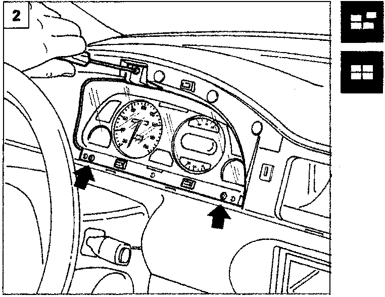 View of the instrument panel with arrows indicating the location of the screws holding it in place