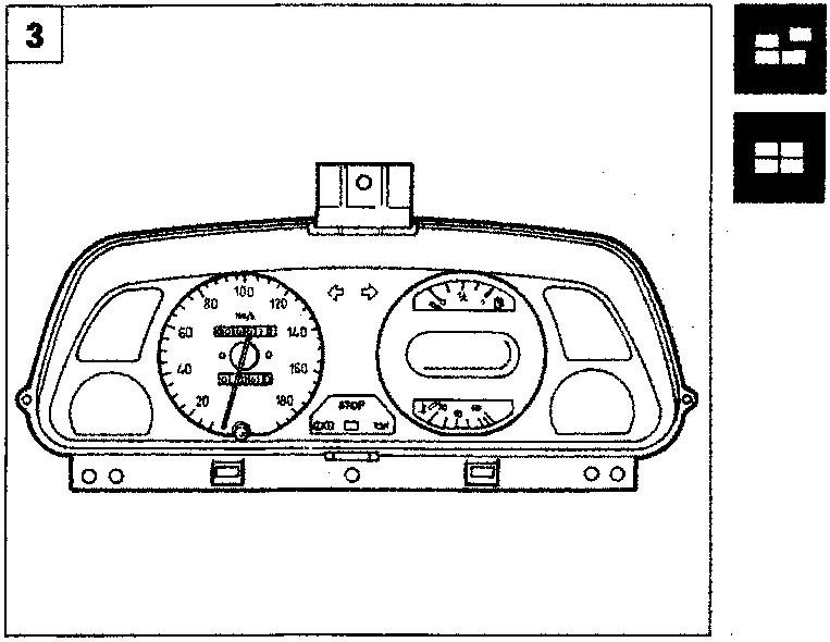Isolated view of the complete instrument panel cluster showing speedometer, fuel gauge, and warning lights