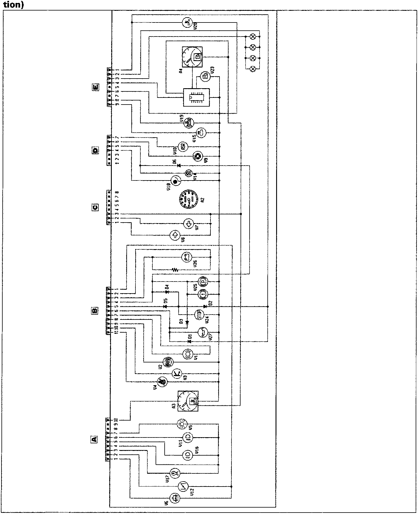 Wiring diagram of the instrument panel showing connectors A, B, C, D, E and various electrical components including gauges, warning lights, fuses, and relays with their interconnections.