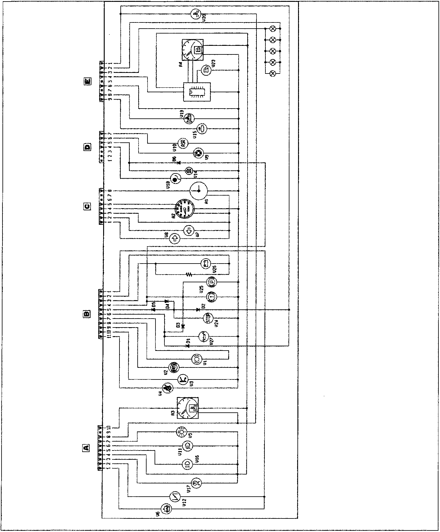 Wiring diagram for the instrument panel luxury specification showing connectors A, B, C, D, E and various electrical components including gauges, lights, and relays.