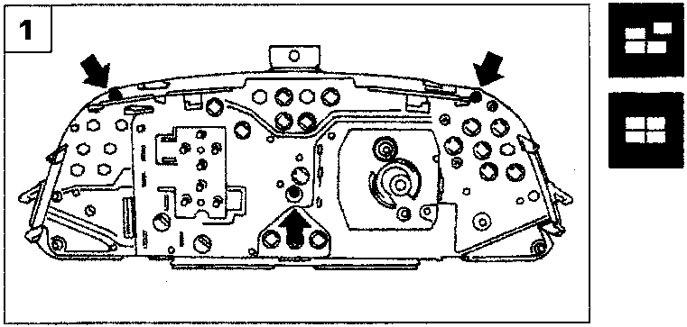 Rear view of the instrument panel frame showing screw locations indicated by arrows