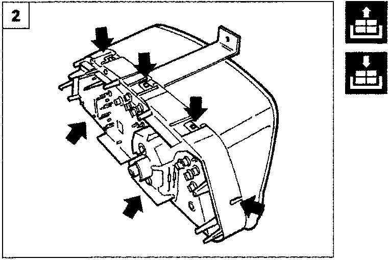 Instrument panel frame being lifted up to release attachment lugs, with arrows indicating lifting points