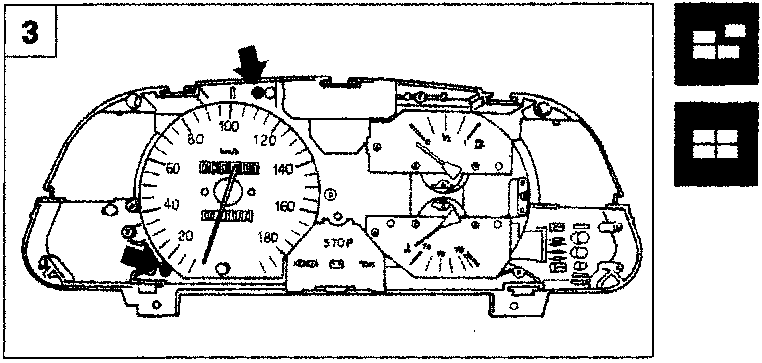 Front view of the instrument panel showing trip recorder-speedometer with a screw location indicated by an arrow at the top