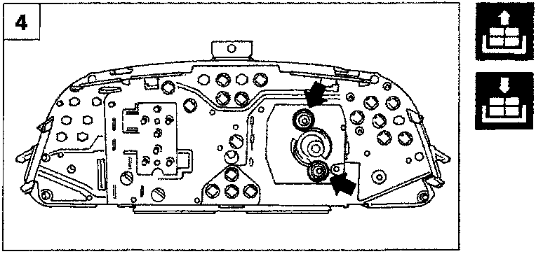 Front view of the instrument panel showing two screw locations for the trip recorder-speedometer indicated by arrows at the bottom