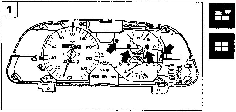 Front view of the instrument panel with arrows indicating screws at the top