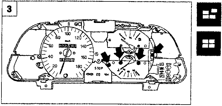 Front view of the instrument panel with arrows indicating screws at the top