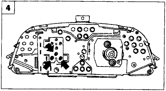 Rear view of the instrument panel showing the water temperature gauge and arrowed screws at the bottom