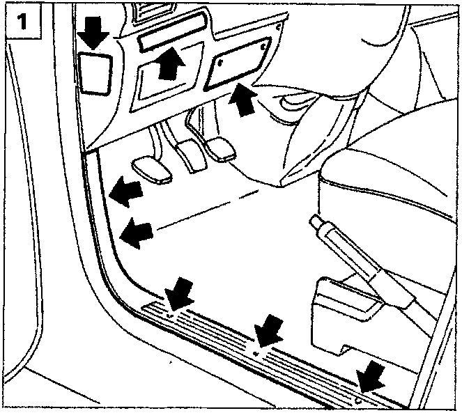 Diagram showing the location of covers and screws on the driver's side footwell area, indicated by arrows.