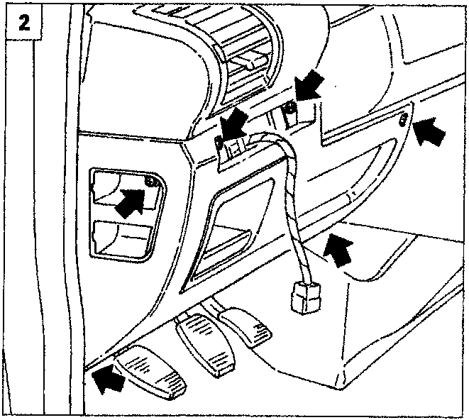 Diagram showing the dashboard bottom trim on the driver's side being removed, with arrows indicating screw locations and the direction of removal.