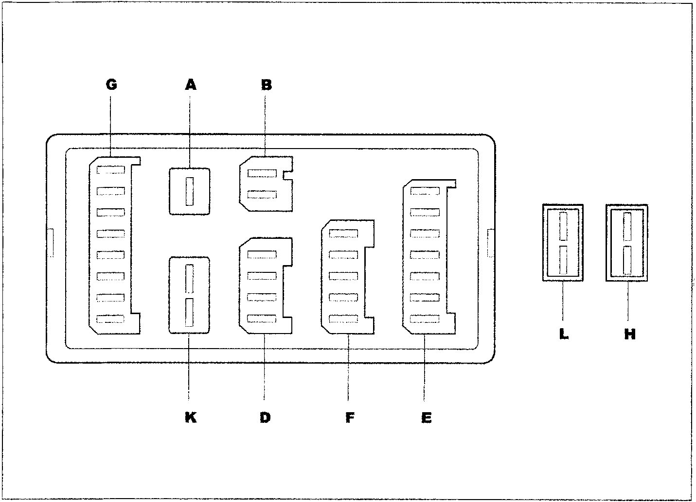 Diagram showing the layout of connectors A, B, G, K, D, F, E within the dashboard housing and separate connectors L and H.