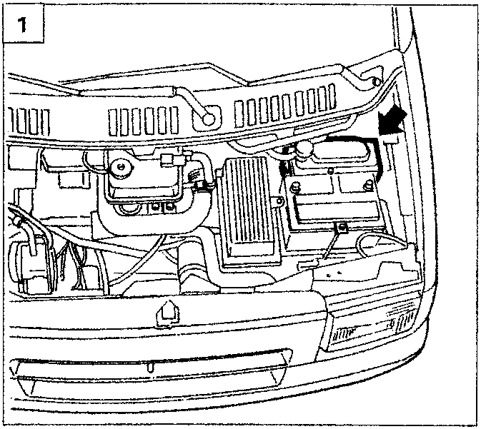 Diagram showing the location of the fuse and relay junction unit in the engine compartment for versions with A.B.S.
