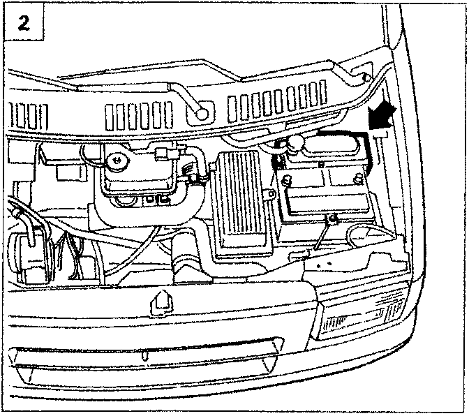 Diagram showing the location of the fuse and relay junction unit in the engine compartment for versions without A.B.S.