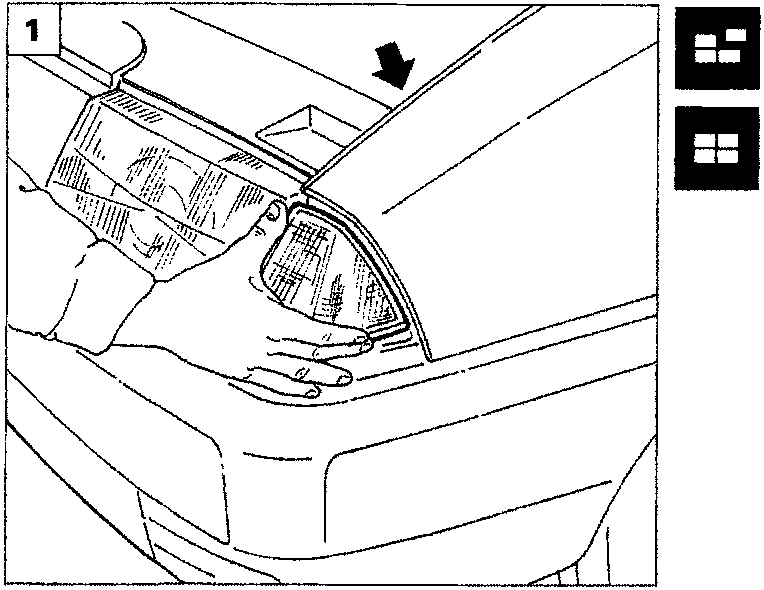 Diagram showing a hand releasing the clip on the front direction indicator from inside the engine compartment