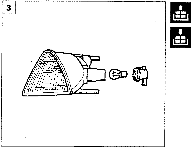 Diagram showing the dismantled direction indicator with lens, bulb holder, bulb, and connector separated