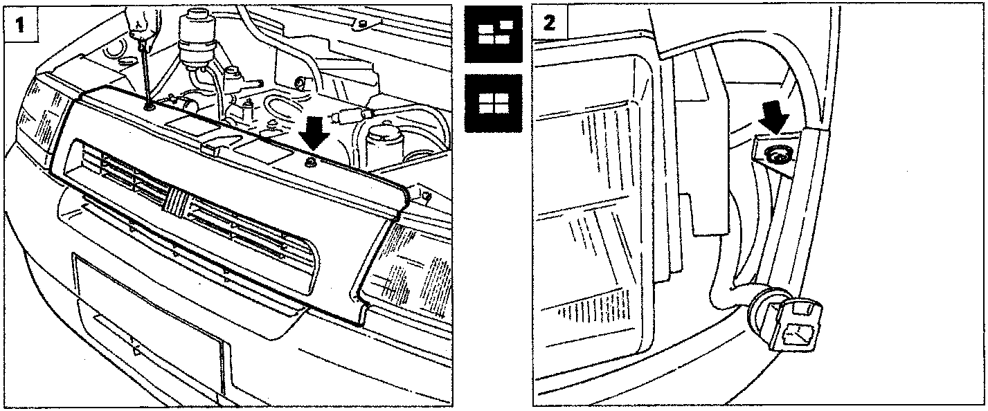 Diagram showing the front of the vehicle with arrows indicating screws securing the front trim panel and frame under the lights cluster