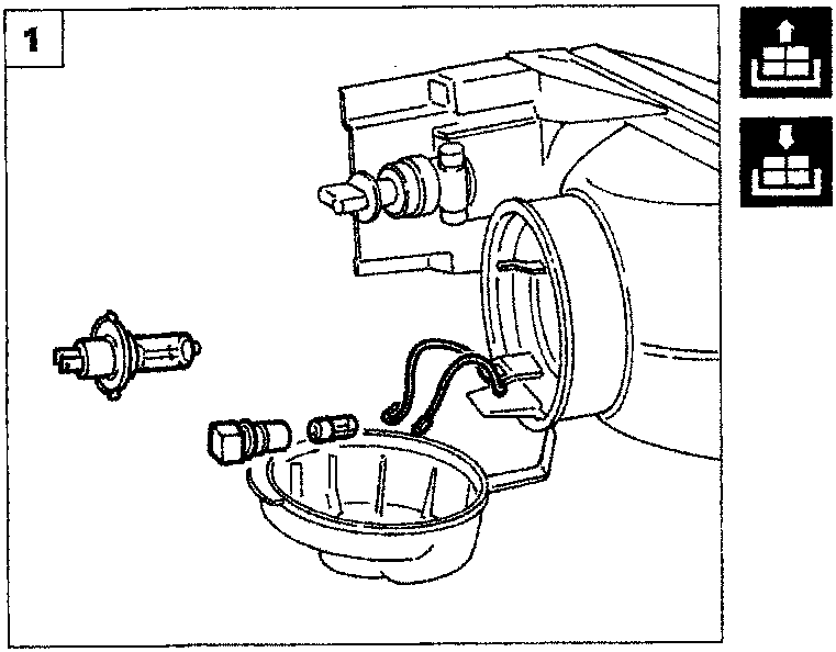 Diagram showing the rear of a headlamp cluster with retaining clips and bulb holders being removed.