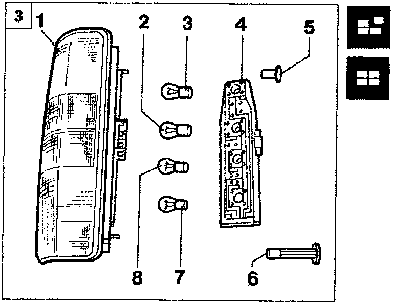 Exploded diagram of the rear lights cluster showing the lens, bulbs, bulb holder, and wing nuts with numbered callouts 1 through 8.